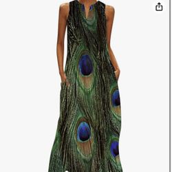 Beautiful sleeveless green print beach dress with pockets