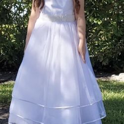 WHITE BEADED WAIST HOLIDAY COMMUNION LONG DRESS