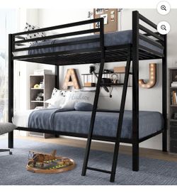 Twin-Over-Twin Bunk Beds with Heavy Duty Metal Frame and Ladder, Matte Black
