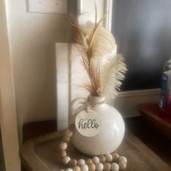 Ceramic Vase With Feathers And Beads 