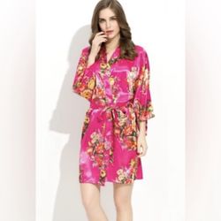 Ms Lovely Hot Pink Baroque Floral Satin Kimono Short Robe