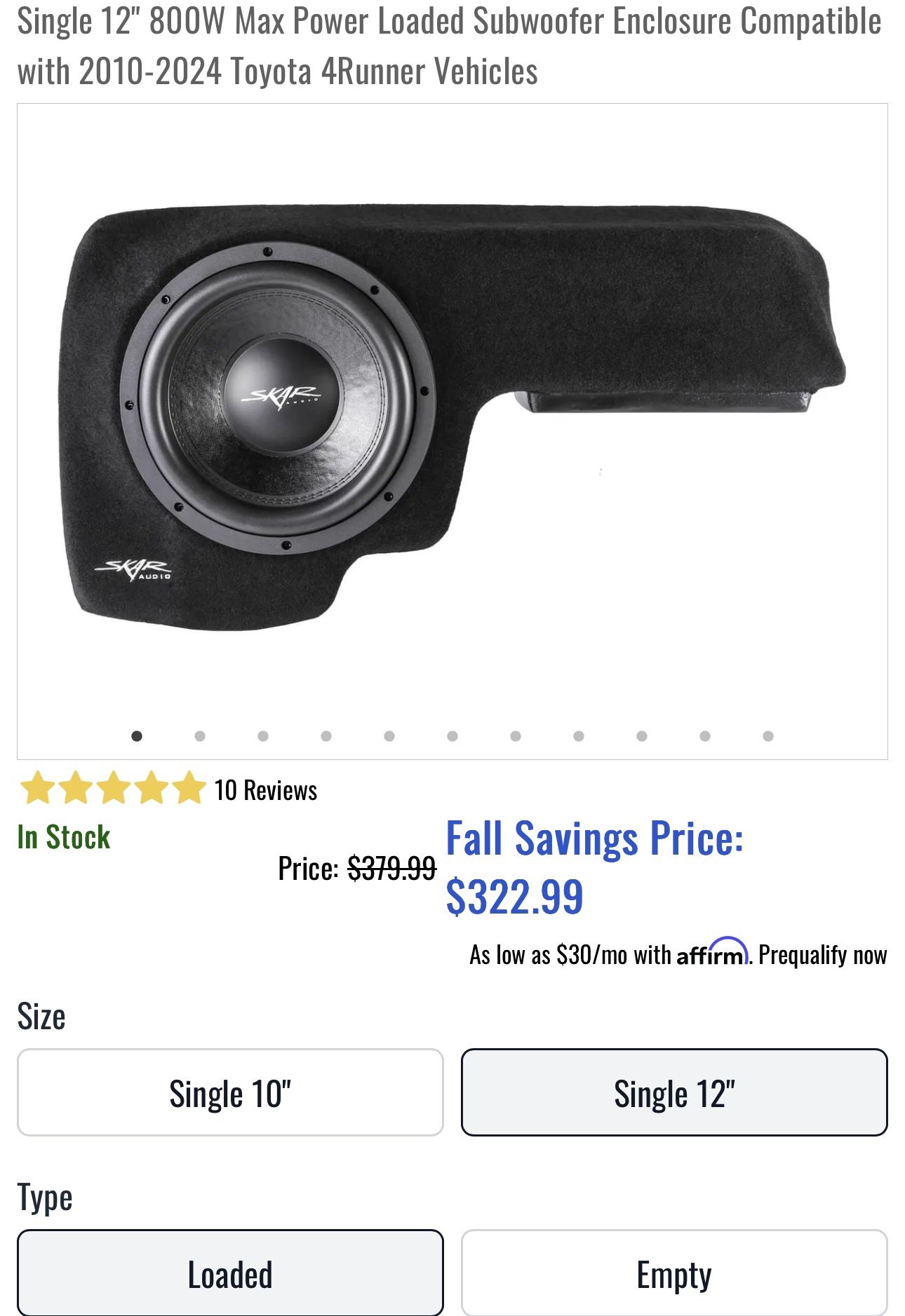 Single 12" 800W Max Power Loaded Subwoofer Enclosure Compatible with 2010-2024 Toyota 4Runner Vehicles