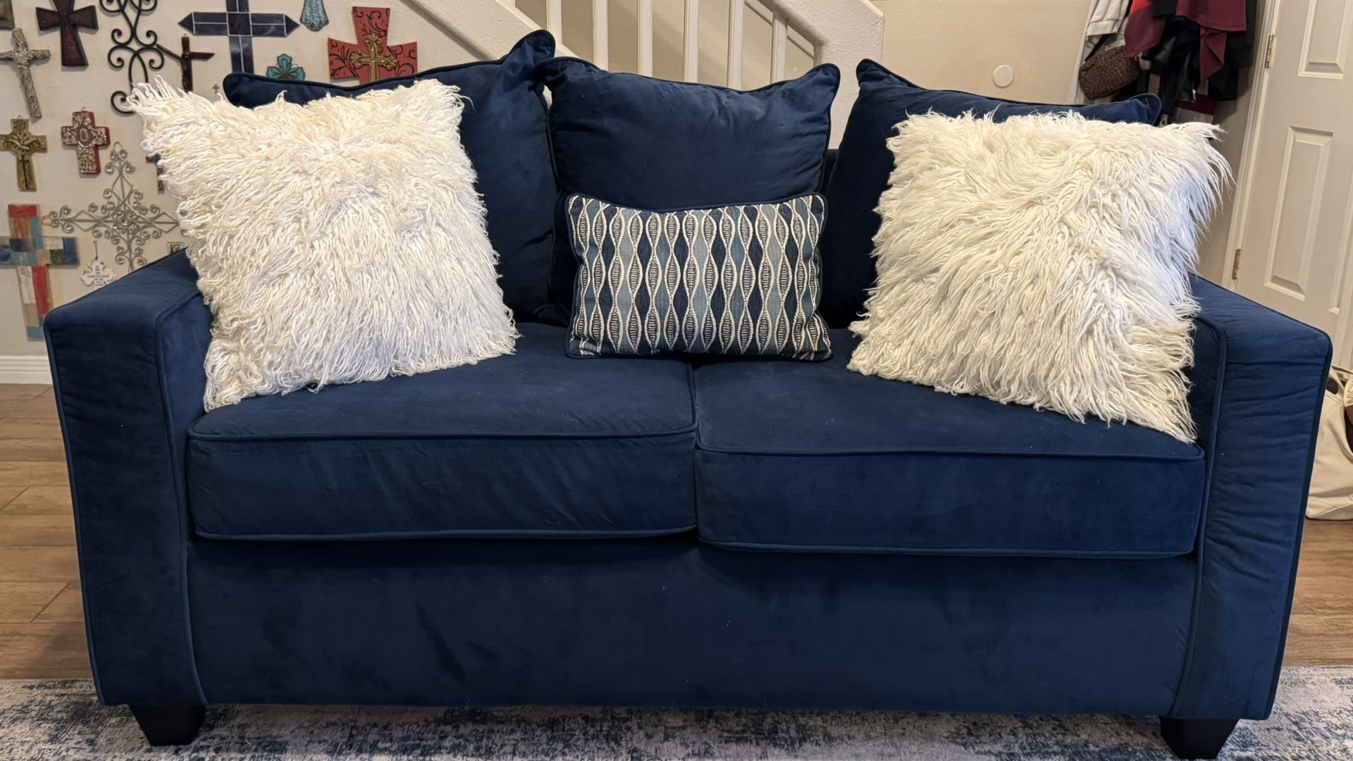  Navy Blue Velvet Sofa Set – Excellent Condition