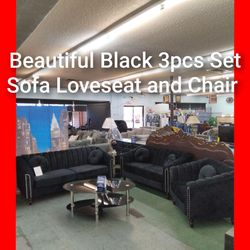 ✨ Black Velvet Sofa Loveseat and Chair