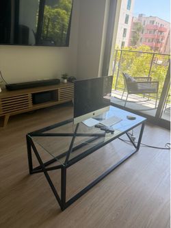 Modern Glass Coffee Table – Black Metal Frame
