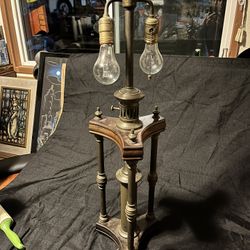 Antique Wood & Brass Lamp 31” Tall