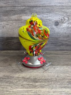 Hummingbird  Yellow Red Swirl Hand  Blown Glass Metal Tin Bottom 4 Flower Buds Perch’s  Feeder - Hanging Or Tabletop
