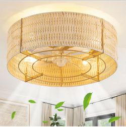 Caged Ceiling Fans with Light,Rattan Flush Mount Ceiling Fan with Light and Remote Control, Boho Fandelier Ceiling Fan 6 Speeds for Bedroom, Living Ro