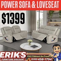 Leather recliner sofa and loveseat with power buttons