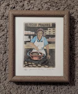 Vintage Nora Lee Praline Lady Signed 170/200 Framed 6"x7" Folk Art Print