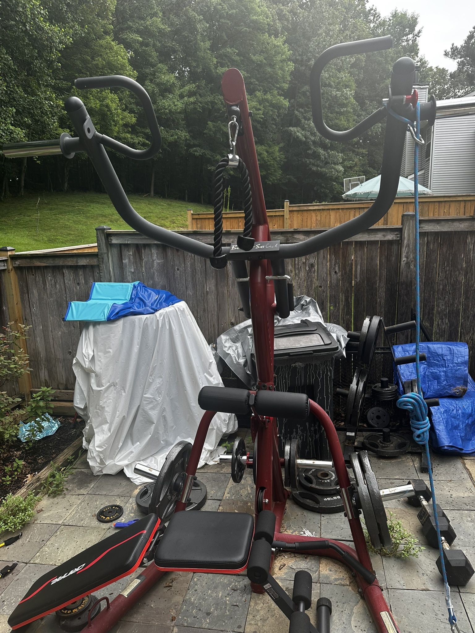 Body Solid Home Workout Gym With Variety Of Weights And Attachments.