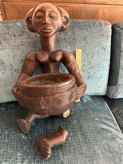 Woman Holding Basket Carved Sculpture - Needs Repair
