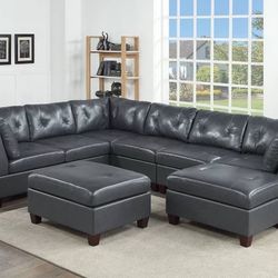 Brand New Black Top Grain Leather 8 Piece Sectional 
