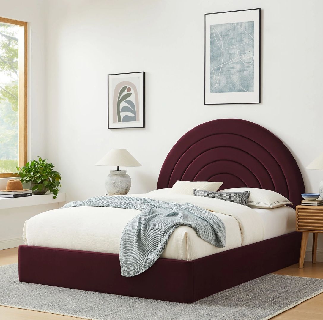 Performance Velvet Platform Bed in MULBERRY(MO) QUEEN $449 FULL $399 DELIVER AVAILABLE Description Bring sweeping lines and cozy comfort to y