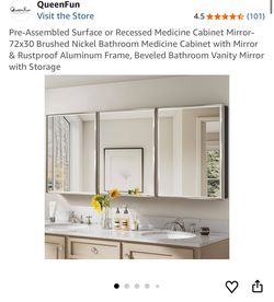 Pre-Assembled Surface or Recessed Medicine Cabinet Mirror-72x30 Brushed Nickel Bathroom Medicine Cabinet with Mirror & Rustproof Aluminum Frame, Bevel