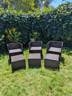 Set Of Three Wicker Outdoor/Patio Chairs with Ottomans 6pc