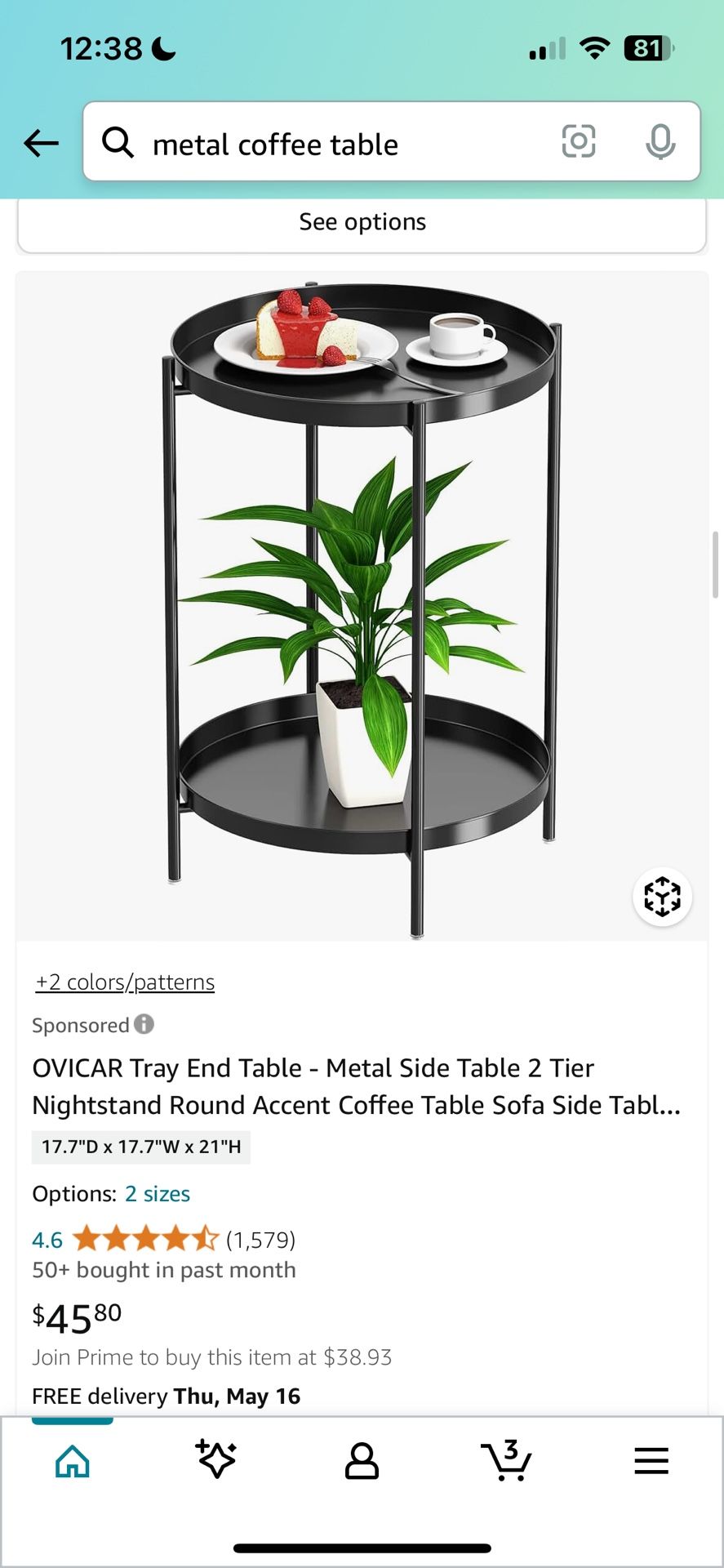Tray End Table - Metal Side Table 2 Tier Nightstand Round Accent Coffee Table Sofa Side Table Waterproof Indoor Outdoor Snack Table