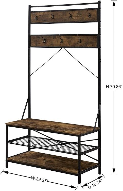 Hombazaar 3-in-1 Entryway Coat Shoe Rack, Entry Hall Tree Bench with 3 Tier Storage Shelves, Wood Furniture with Metal Frame, 7 Hooks for Garment Coat