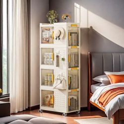 4-Tier Rolling Storage Cabinet with Doors and Wheels, Multi-Use Organizer for Home & Office