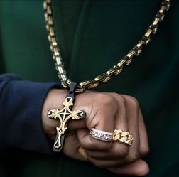 Uniquely Crafted Multi-Layer 2-Tone Titanium Cross Pendant W24"Byzantine Chain Necklace