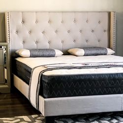 Brand New King Size Beige Tuffed Linen Bed Frame With New Mattress/Fast Delivery 