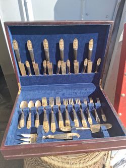 Mid century Thailand bronze rosewood flatware