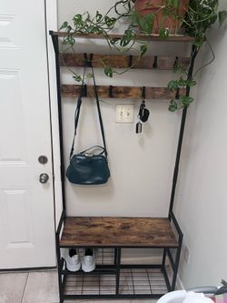 Coat Rack Shoe Bench, Hall Tree Entryway Storage Bench, Wood Look Accent Furniture with Metal Frame, 3-in-1 Design (Rustic Brown)