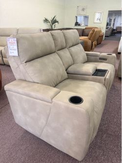 Taupe Greymel Loveseat w/ 2 Power headrest and Console