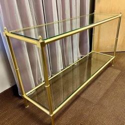 MCM Retro Brass Glass Sofa Table or Console Table w Double Shelf. Neoclassical 2 tier glass. 