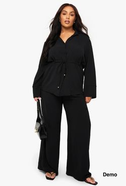 boohoo Plus Woven Tie Waist Shirt & Trouser Co Ord - Black (UK22/XXL)