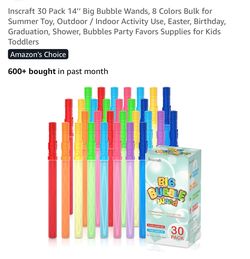 Inscraft 30 Pack 14’’ Big Bubble Wands, 8 Colors Bulk for Summer Toy, Outdoor / Indoor Activity Use, Easter, Birthday, Graduation, Shower, Bubbles Par