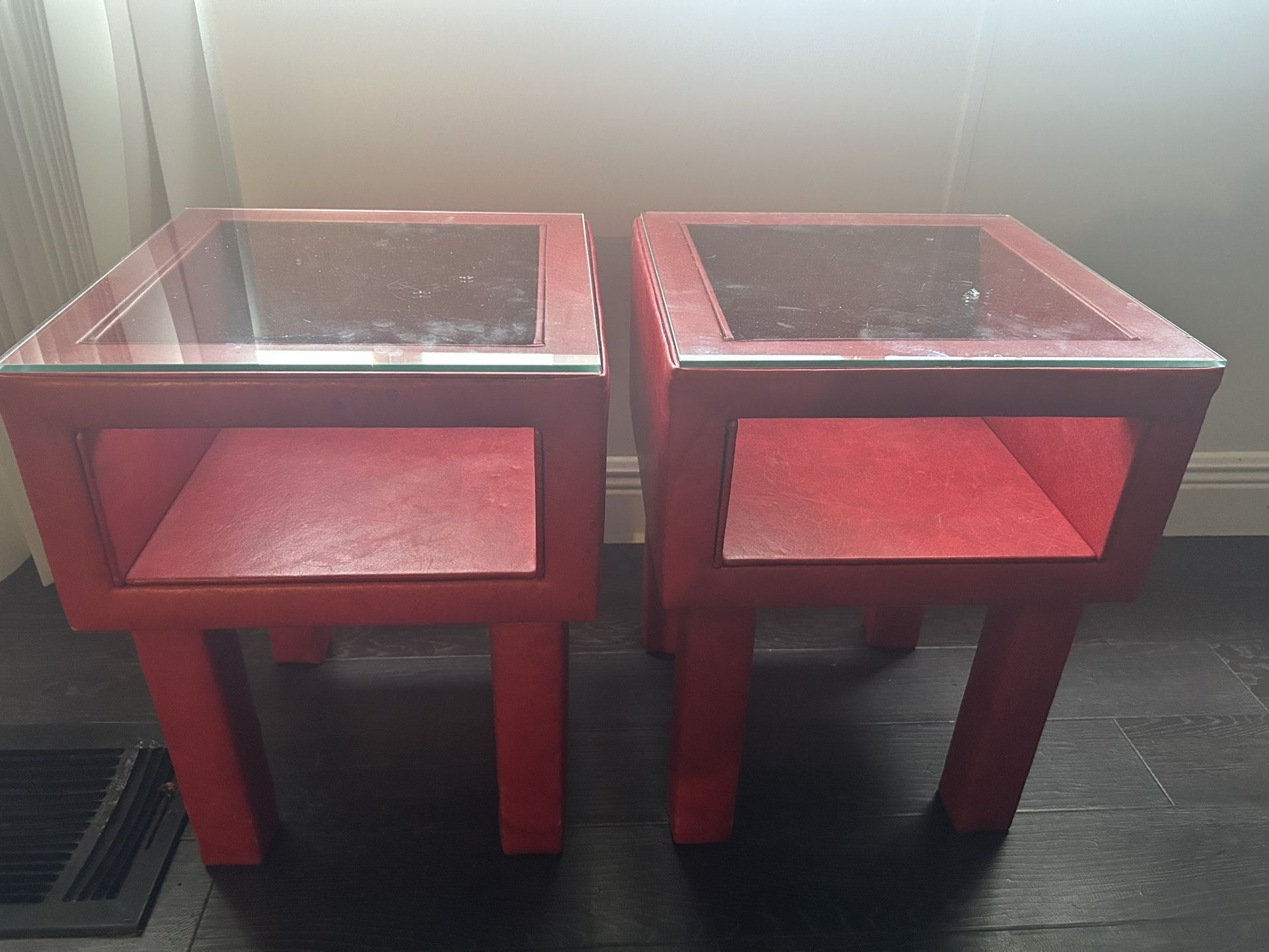 2 -tier Square Side Table, Glass Top, Leather Finish