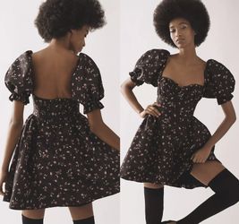 NWT $158 Anthropologie x Maeve Black Floral Puff-Sleeve Mini Dress w/ Pockets XS