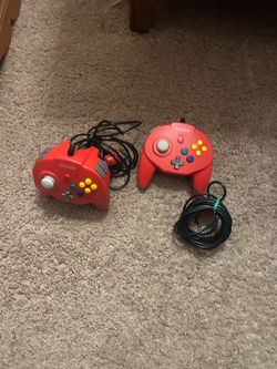 Two Red N64-Style Third-Party Controllers