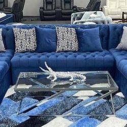 Brand New/ Blue Velvet Double Chaise Sectional, Seccional, Couch// Delivery Available 