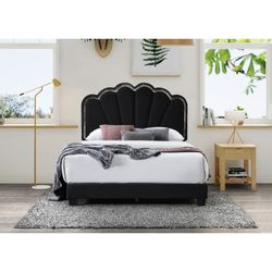 Queen Bouclé Upholstered Shell Arch Platform Bed with LED Light – Black Price $430