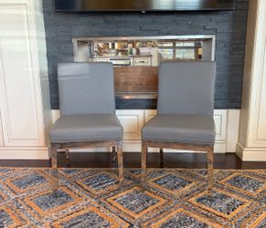 Pair of Chrome & Gray leather Sunpan Sofia Dining/ Accent Chairs
