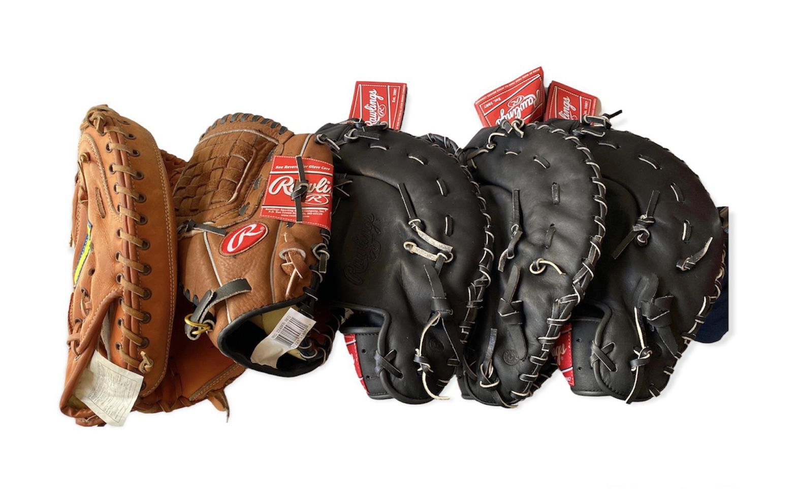 5 Baseball Gloves- 4 New(Rawling), 1 Gently used (Cooper)