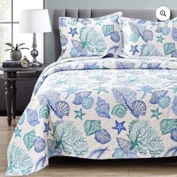 Smuge 3 Piece Quilts Full/Queen Size Ocean Theme,Lightweight Coastal Beach Theme Bedding Seashell Conch Starfish Bedspread Ocean Creature Coverlet wit