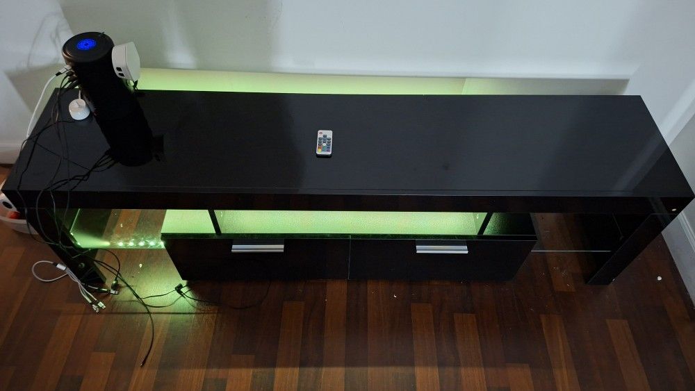 Modern Black Gloss TV Stand with LED Lights – 63 In Long