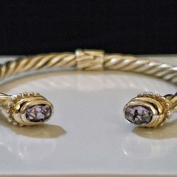 7.25" x 9mm Samuel Benham Solid Sterling Silver~14k Overlay Faceted Amethyst Hinged Cable Bracelet. MINT!