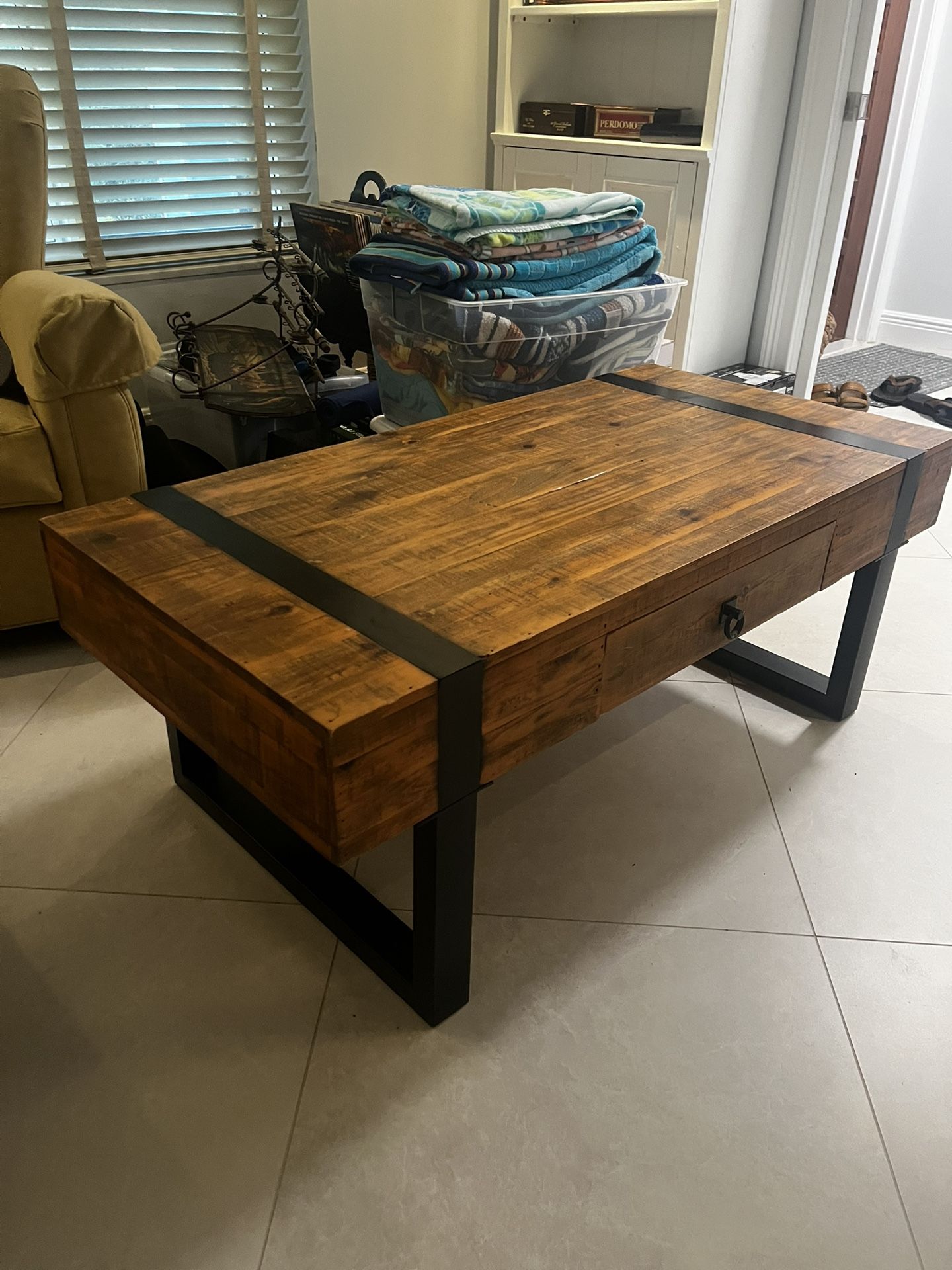 Wood And Black Coffee Table With Two Drawers