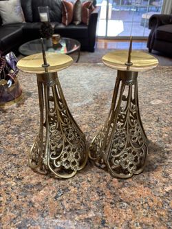 Brass Filigree Candlestick Holders Set of 2