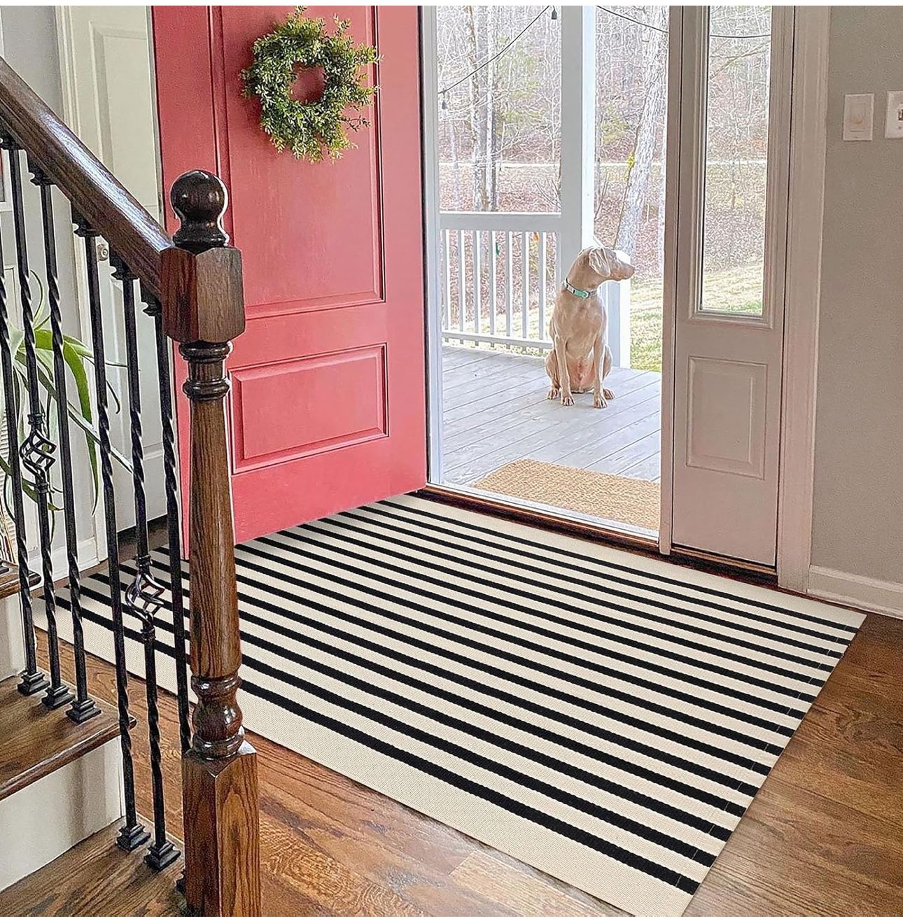KOZYFLY 3'x5' Cotton Area Rug, Black and Beige Striped Outdoor Rug, Hand-Woven, Machine Washable, Perfect for Front Door, Kitchen, Living Room