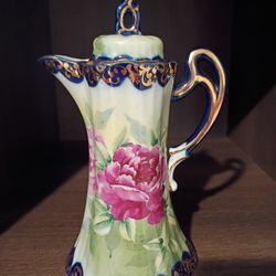 Vtg Vintage Cobalt Blue & Gold Floral Pitcher