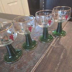 4-VTG Romer Bockling Wine Glasses Green Stems Rhinestone Grapes Leaves Gold Trim (Germany)