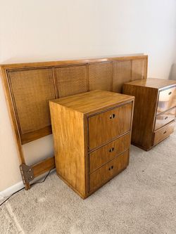 Brown wood nightstands with headboard