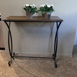 Wood Entryway Console Table with Metal Base + 2 Decorative Plants