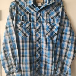 Vintage Wrangler Western Pearl Snap Blue White Silver Plaid Long Sleeve Men Size XL EUC $36