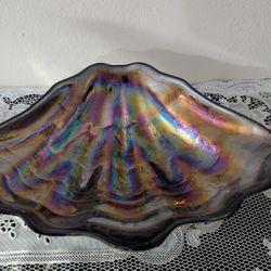 Vintage Glass Iridescent Bowl purple Shell Scalloped Feathered Pattern
